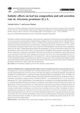 Salinity Effects on Leaf Ion Composition and Salt Secretion Rate in Avicennia Germinans (L.) L