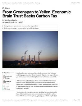 From Greenspan to Yellen, Economic Brain Trust Backs Carbon Tax - Bloomberg 1/16/19, 10�41 PM