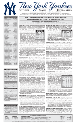 NEW YORK YANKEES (33-23) Vs. BOSTON RED SOX (32-26) Standing in AL East