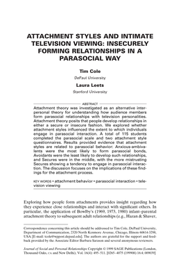 Attachment Styles and Intimate Television Viewing: Insecurely Forming Relationships in a Parasocial Way