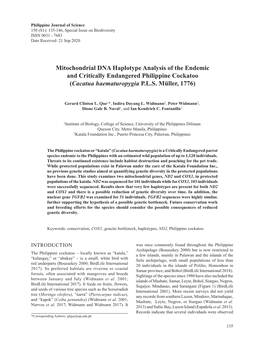 Mitochondrial DNA Haplotype Analysis of the Endemic and Critically Endangered Philippine Cockatoo (Cacatua Haematuropygia P.L.S