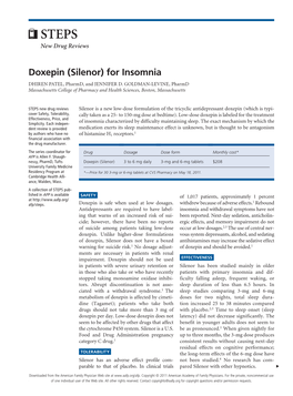 Doxepin (Silenor) for Insomnia DHIREN PATEL, Pharmd, and JENNIFER D