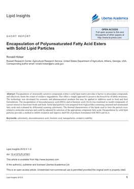 Lipid Insights Encapsulation of Polyunsaturated Fatty Acid Esters with Solid Lipid Particles