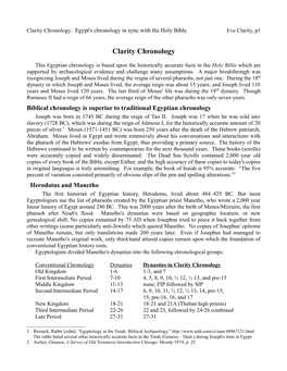 Clarity Chronology: Egypt's Chronology in Sync with the Holy Bible Eve Clarity, P1