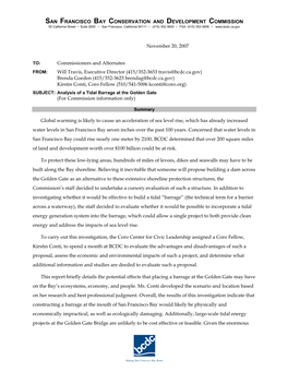 Analysis of a Tidal Barrage at the Golden Gate (For Commission Information Only)