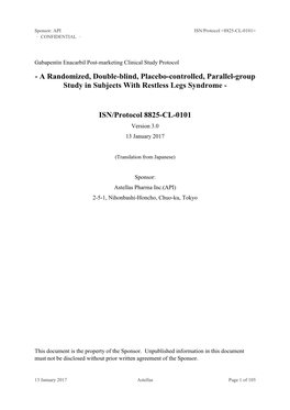 Study Protocol - a Randomized, Double-Blind, Placebo-Controlled, Parallel-Group Study in Subjects with Restless Legs Syndrome