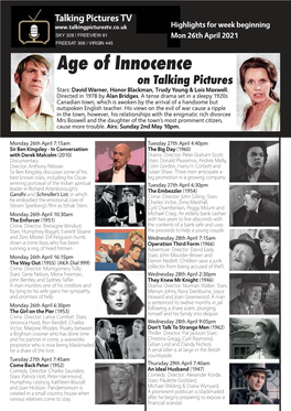 Age of Innocence on Talking Pictures TV Stars: David Warner, Honor Blackman, Trudy Young & Lois Maxwell