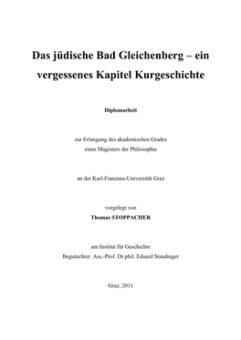 Das Jüdische Bad Gleichenberg – Ein Vergessenes Kapitel Kurgeschichte