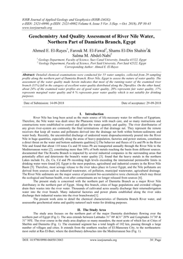 Geochemistry and Quality Assessment of River Nile Water, Northern Part of Damietta Branch, Egypt
