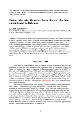 Factors Influencing the Surface Fauna of Inland Blue Holes on South Andros, Bahamas