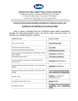 OFFICE of the CHIEF EXECUTIVE OFFICER Haldia Development Authority (ISO 9001:2015 Certified) (A Statutory Authority Under Government of West Bengal) City Centre, P.O