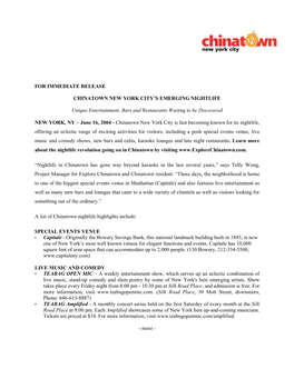 For Immediate Release Chinatown New York City's