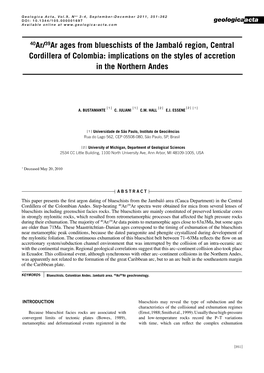 40Ar/39Ar Ages from Blueschists of the Jambaló Region, Central Cordillera of Colombia: Implications on the Styles of Accretion in the Northern Andes