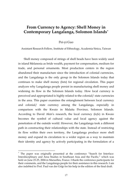 Shell Money in Contemporary Langalanga, Solomon Islands*