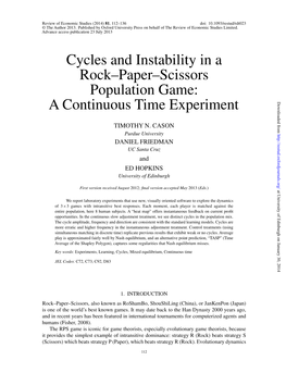 Cycles and Instability in a Rock–Paper–Scissors Population Game: a Continuous Time Experiment Downloaded From