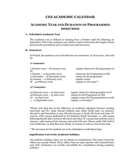 Ces Academic Calendar 2020/2021