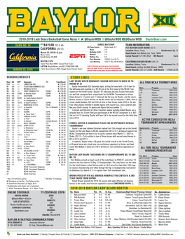 2018-2019 Lady Bears Basketball Game Notes • @Baylorwbb @Baylorwbb @Baylorwbb Baylorbears.Com GAME NO