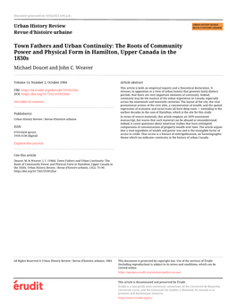 The Roots of Community Power and Physical Form in Hamilton, Upper Canada in the 1830S Michael Doucet and John C