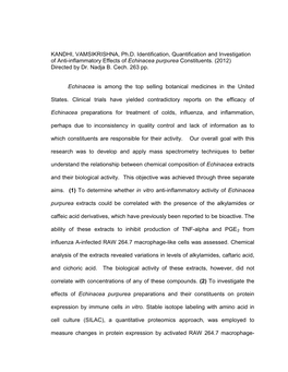 Identification, Quantification and Investigation of Anti-Inflammatory Effects of Echinacea Purpurea Constituents