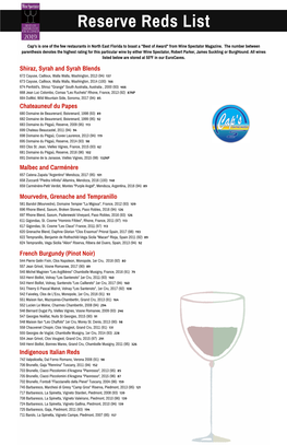 Reserve Wine List