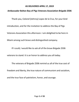 AS DELIVERED APRIL 17, 2019 Ambassador Bolton Bay of Pigs Veterans Association-Brigade 2506