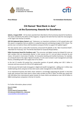 Citi Named “Best Bank in Asia” at the Euromoney Awards for Excellence