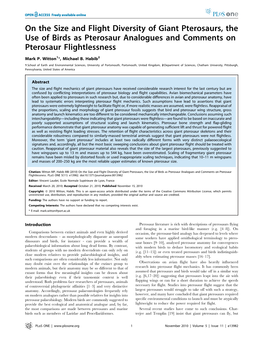 On the Size and Flight Diversity of Giant Pterosaurs, the Use of Birds As Pterosaur Analogues and Comments on Pterosaur Flightlessness