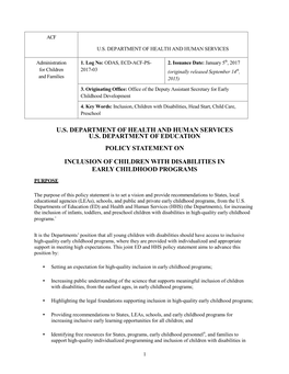 U.S. Department of Health and Human Services U.S. Department of Education Policy Statement on Inclusion of Children with Disabil