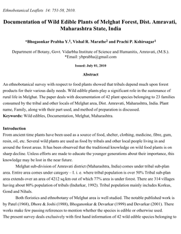 Documentation of Wild Edible Plants of Melghat Forest, Dist. Amravati, Maharashtra State, India