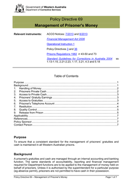 Policy Directive 69 Management of Prisoner's Money