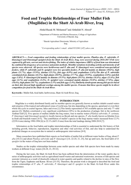 Food and Trophic Relationships of Four Mullet Fish (Mugilidae) in the Shatt Al-Arab River, Iraq