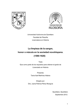 La Limpieza De La Sangre, Honor O Mácula En La Sociedad Novohispana. (1580-1620)