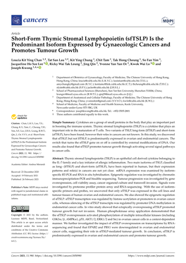 Short-Form Thymic Stromal Lymphopoietin (Sftslp) Is the Predominant Isoform Expressed by Gynaecologic Cancers and Promotes Tumour Growth