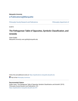 The Pythagorean Table of Opposites, Symbolic Classification, and Aristotle