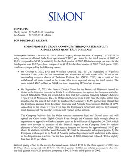 CONTACTS: Shelly Doran 317.685.7330 Investors Les Morris 317.263.7711 Media for IMMEDIATE RELEASE SIMON PROPERTY GROUP ANNOU