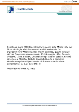 Depalmas, Anna (2000) Le Sepolture Ipogee Della Media Valle Del Tirso: Tipologia, Distribuzione Ed Analisi Territoriale
