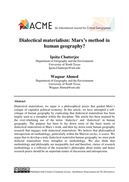 Dialectical Materialism: Marx's Method in Human Geography?