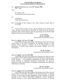 GOVERNMENT of ORISSA ST & SC DEVELOPMENT DEPARTMENT No. 3 5 5 4 /SSD Bhubaneswar, Dated.25 January 2008 TAC 1/ 2007 From