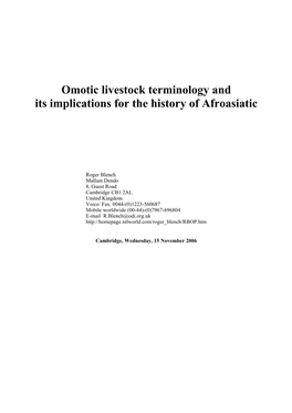 Omotic Livestock Terminology and Its Implications for the History of Afroasiatic