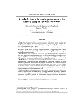 Sexual Selection on Locomotor Performance in the Calanoid Copepod Tigriopus Californicus