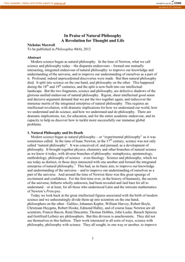 In Praise of Natural Philosophy a Revolution for Thought and Life Nicholas Maxwell to Be Published in Philosophia 40(4), 2012