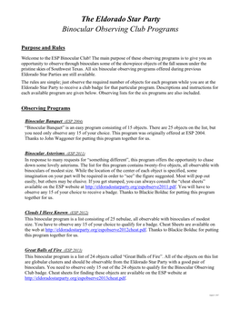 The Eldorado Star Party Binocular Observing Club Programs