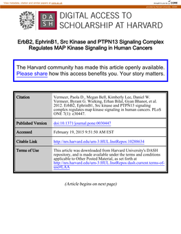 Erbb2, Ephrinb1, Src Kinase and PTPN13 Signaling Complex Regulates MAP Kinase Signaling in Human Cancers