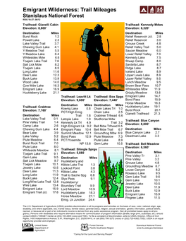 Emigrant Wilderness: Trail Mileages Stanislaus National Forest ROG 16-27; 06/12 Trailhead: Gianelli Cabin Trailhead: Kennedy Mdws Elevation: 8,600’ Elevation: 6,320’