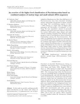 An Overview of the Higher Level Classification of Pucciniomycotina Based on Combined Analyses of Nuclear Large and Small Subunit Rdna Sequences