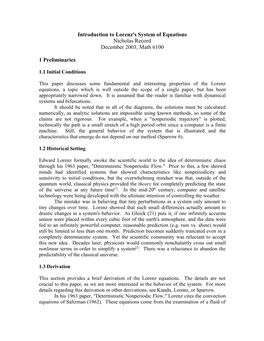 Introduction to Lorenz's System of Equations Nicholas Record December 2003, Math 6100