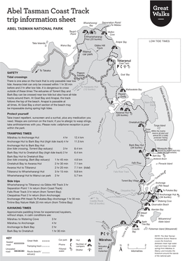 Abel Tasman Coast Track Trip Information Sheet and Detailed
