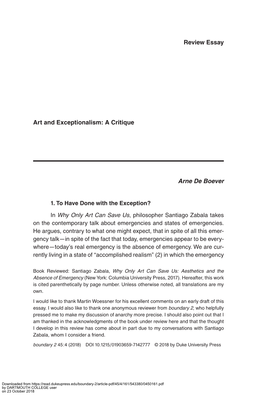 Review Essay Art and Exceptionalism: a Critique Arne De Boever