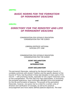 Basic Norms for the Formation of Permanent Deacons