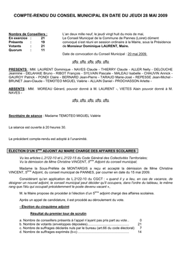Compte-Rendu Du Conseil Municipal En Date Du Jeudi 28 Mai 2009